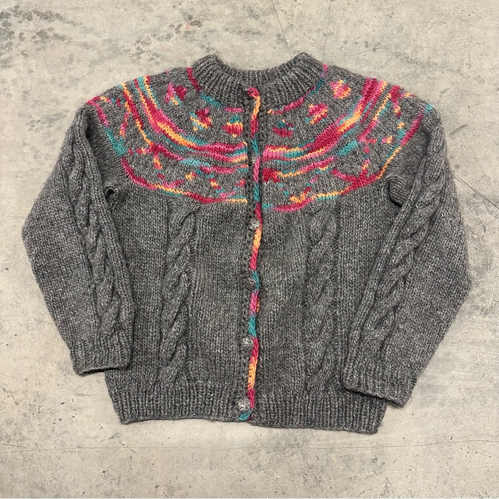 Icelandic Hand Knit Wool Cardigan Sweater Women's L Nordic Vintage Fair Isle